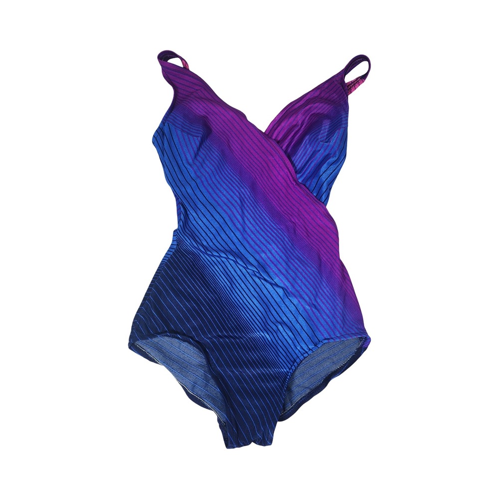 Vintage Jantzen Womens Ombre Striped One Piece Swimsuit Purple Blue 8 USA Made